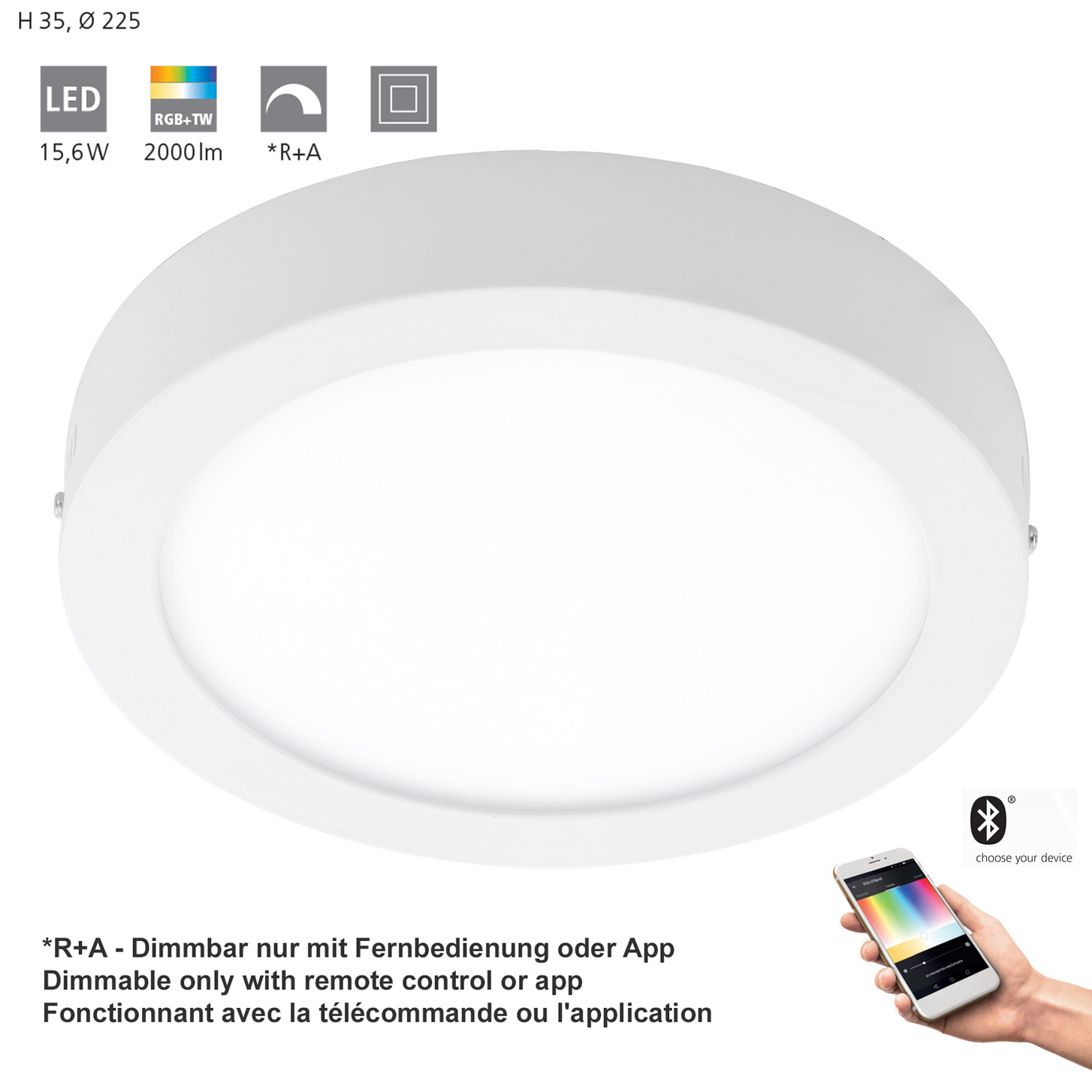 Eglo 96669 Smart Light LED Aufbaulauchte FUEVA-C Ø22,5cm rund, dimmbar in  weiß, 2700-6500K Connect RGB+TW