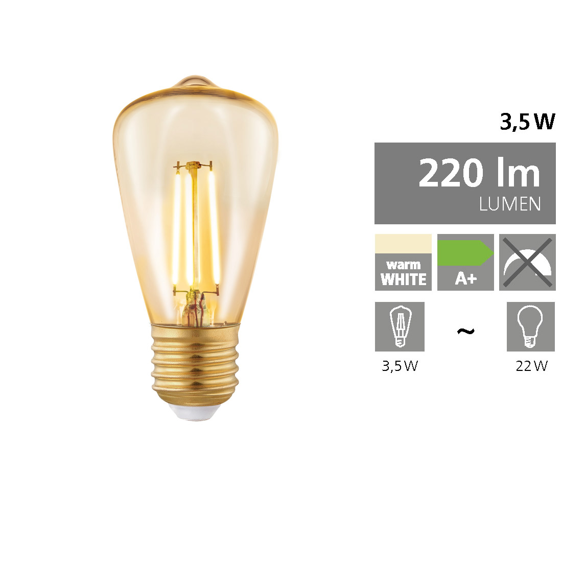 11553 1 E27-LED-ST48 3,5W/220lm Leuchtmittel STK FILAMENT LED Eglo AMBER - 2200K